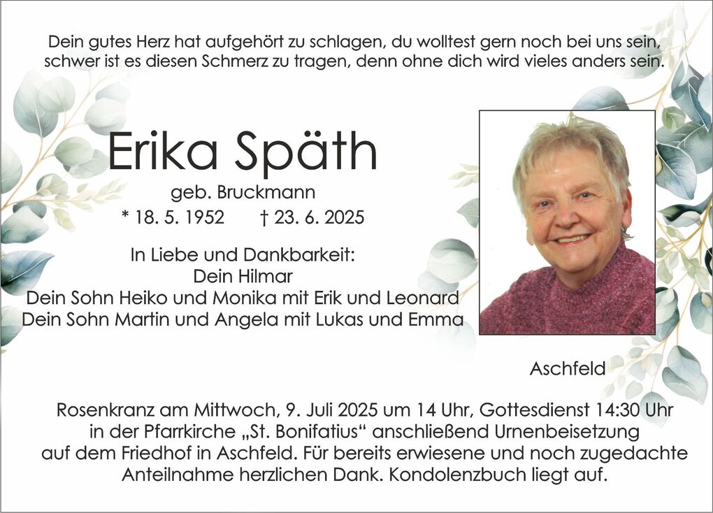 Sterbebild für Erika Späth mit Geburtsdaten, Trauertext, Bild und Informationen zur Trauerfeier in Aschfeld.