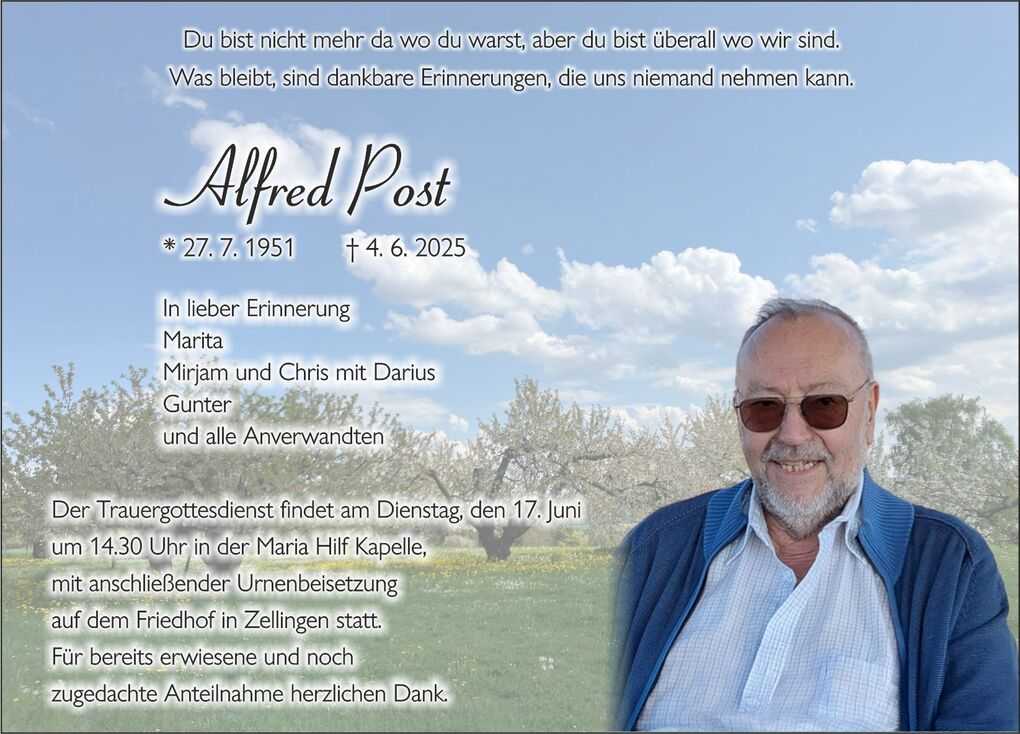 Erinnerungskarte f&uuml;r Alfred Post mit Geburts- und Todesdaten, umgeben von einer bl&uuml;henden Landschaft und Wolken.
