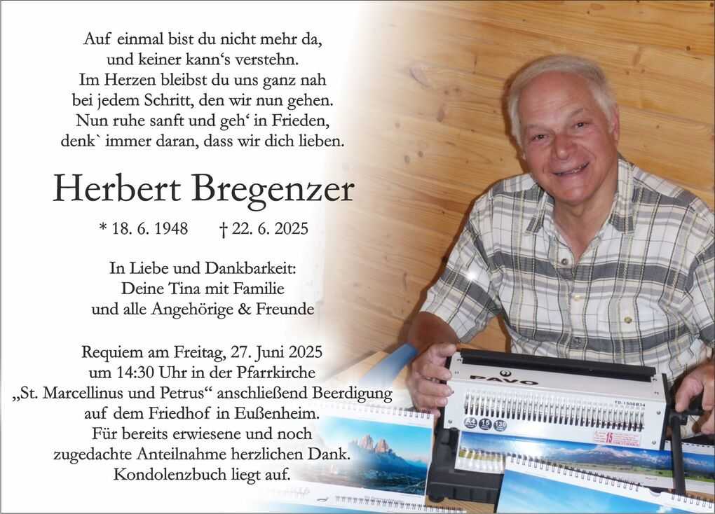 Gedenkblatt f&uuml;r Herbert Bregenzer mit pers&ouml;nlichen Daten, Trauerspruch und Beerdigungsdetails, umgeben von Naturbildern.