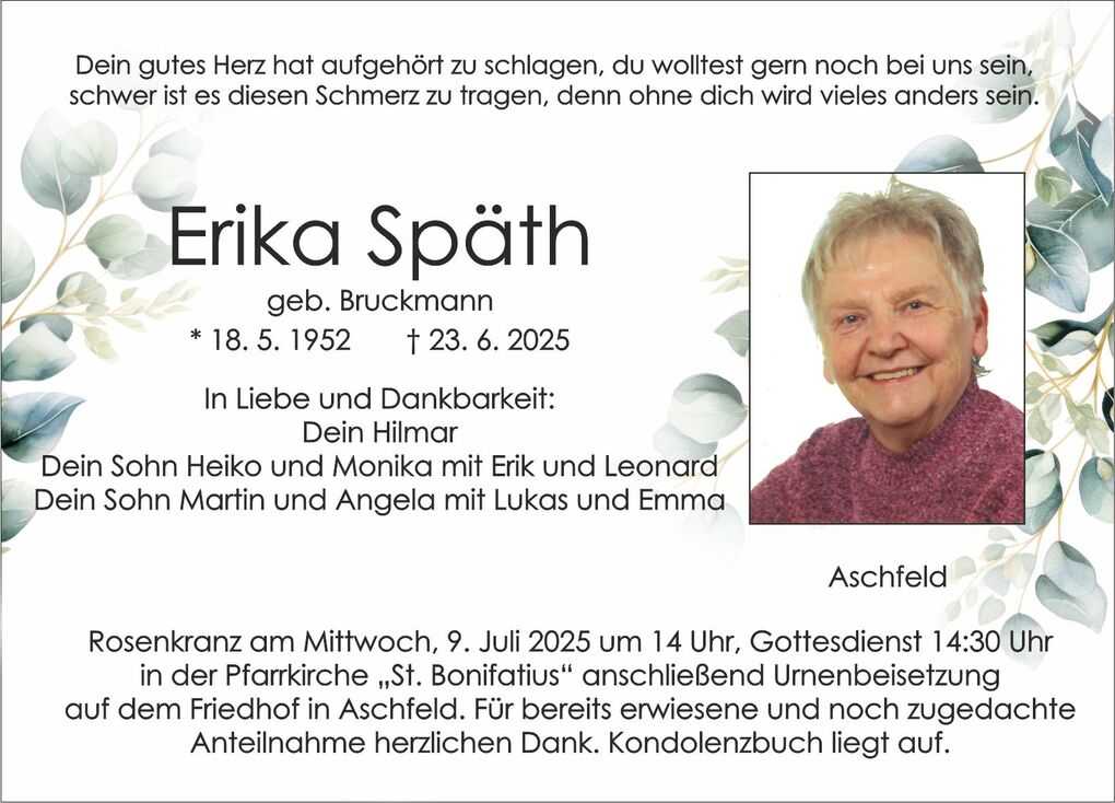 Sterbebild f&uuml;r Erika Sp&auml;th mit Geburtsdaten, Trauertext, Bild und Informationen zur Trauerfeier in Aschfeld.