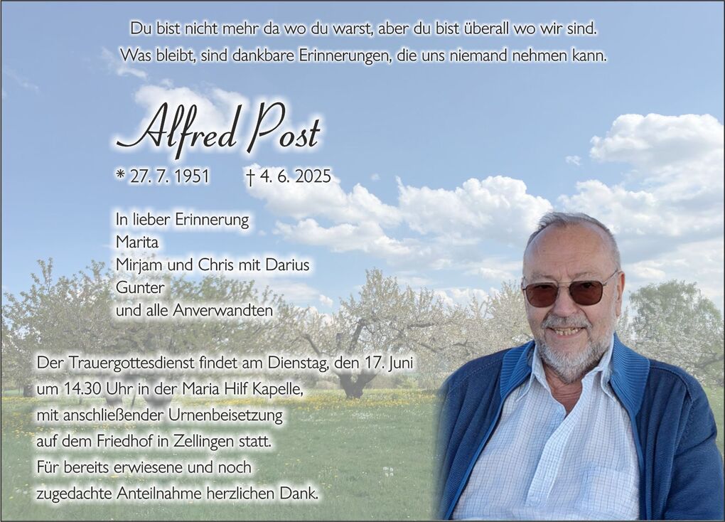 Erinnerungskarte für Alfred Post mit Geburts- und Todesdaten, umgeben von einer blühenden Landschaft und Wolken.