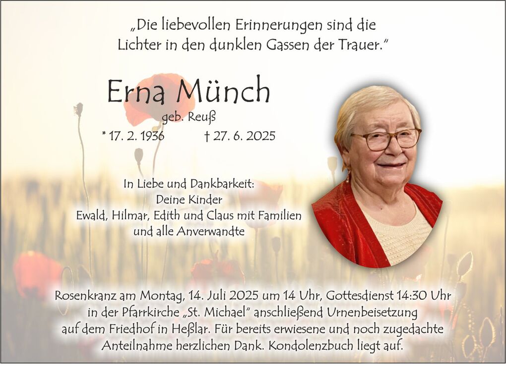 Traueranzeige für Erna Münch mit Foto und Informationen zu Geburts- und Todestag sowie der Beerdigung.