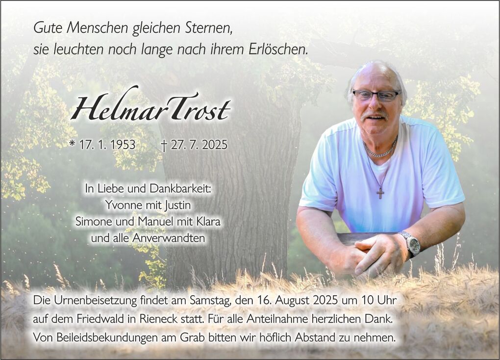 Sterbebild für Helmar Trost mit Geburts- und Sterbedatum, umrahmt von einem Baum und einem Naturhintergrund.