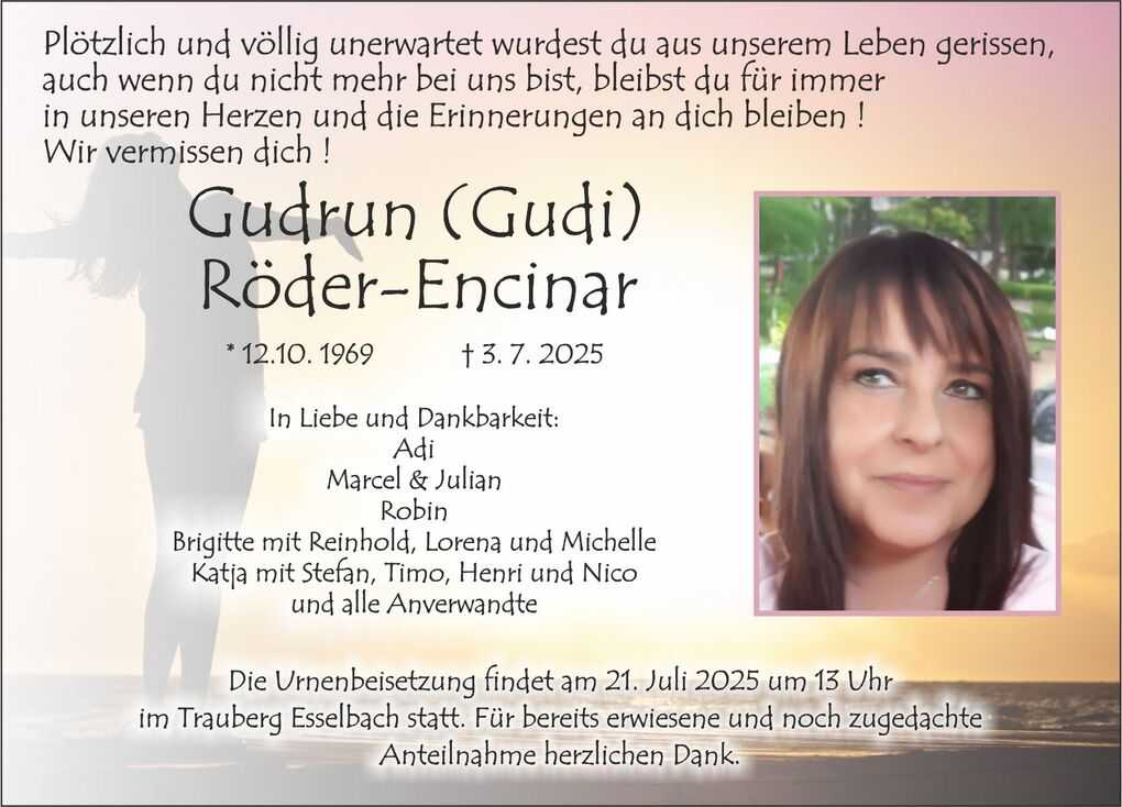 Traueranzeige f&uuml;r Gudrun R&ouml;der-Encinar mit Bild und Details zur Urnenbeisetzung am 21. Juli 2025.