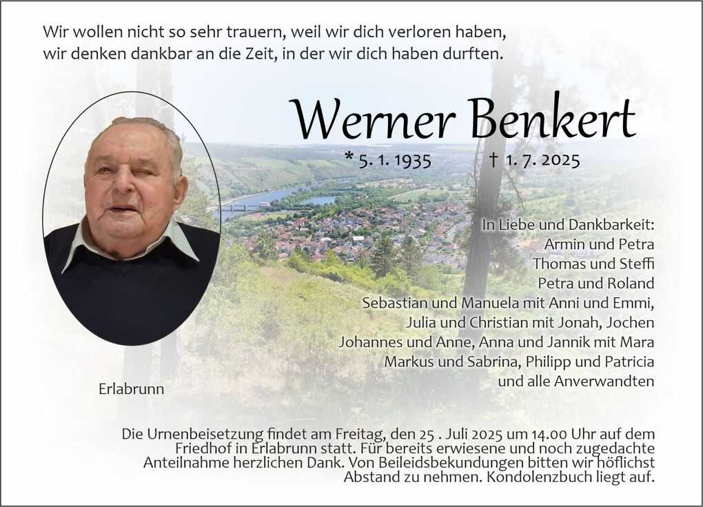 Traueranzeige f&uuml;r Werner Benkert mit Foto und Informationen zur Urnenbeisetzung in Erlabrun.