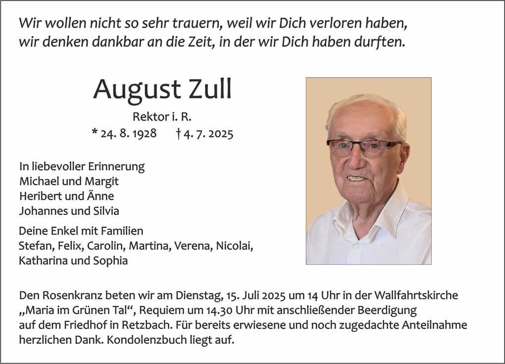 Traueranzeige f&uuml;r August Zull, Rektor i. R., mit pers&ouml;nlichem Foto und Erinnerungen seiner Familie.