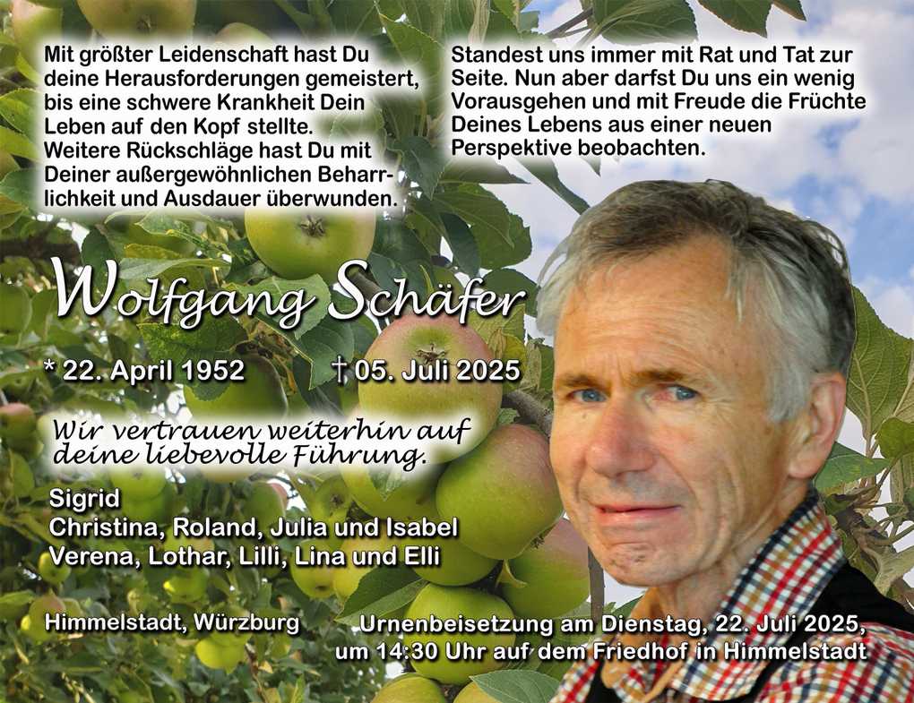 Traueranzeige f&uuml;r Wolfgang Sch&auml;fer mit Portr&auml;tfoto und Apfelbaum im Hintergrund, Angaben zu Geburts- und Sterbedatum.