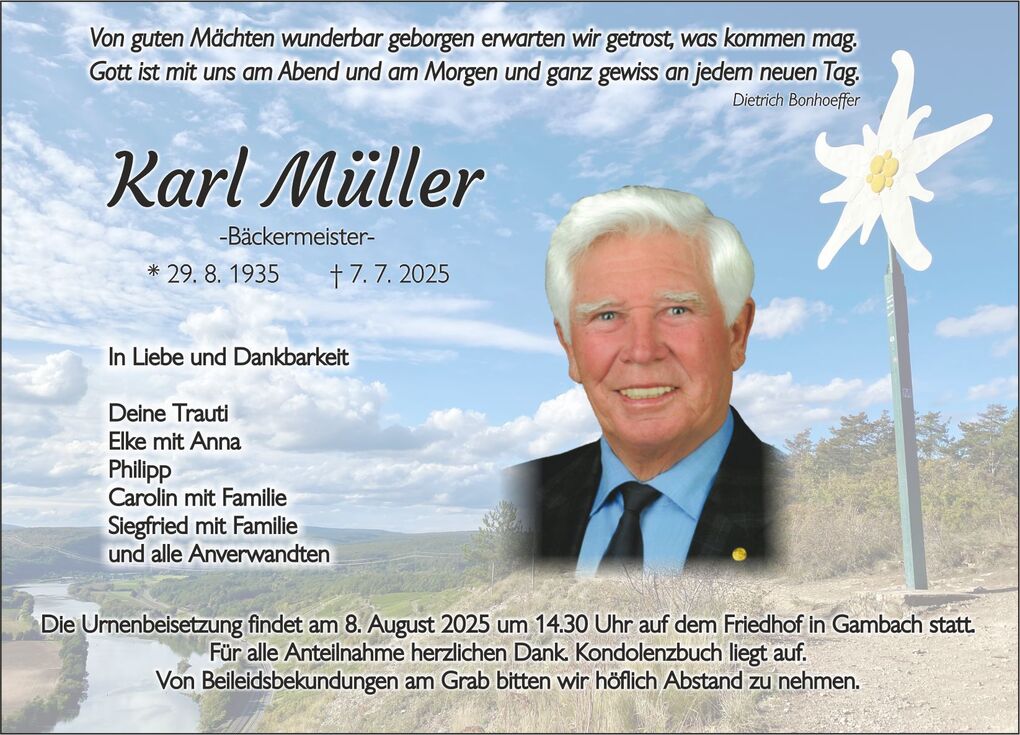 Sterbebild f&uuml;r Karl M&uuml;ller, B&auml;ckermeister, mit Geburts- und Sterbedaten sowie Trauerspruch und Details zur Urnenbeisetzung.