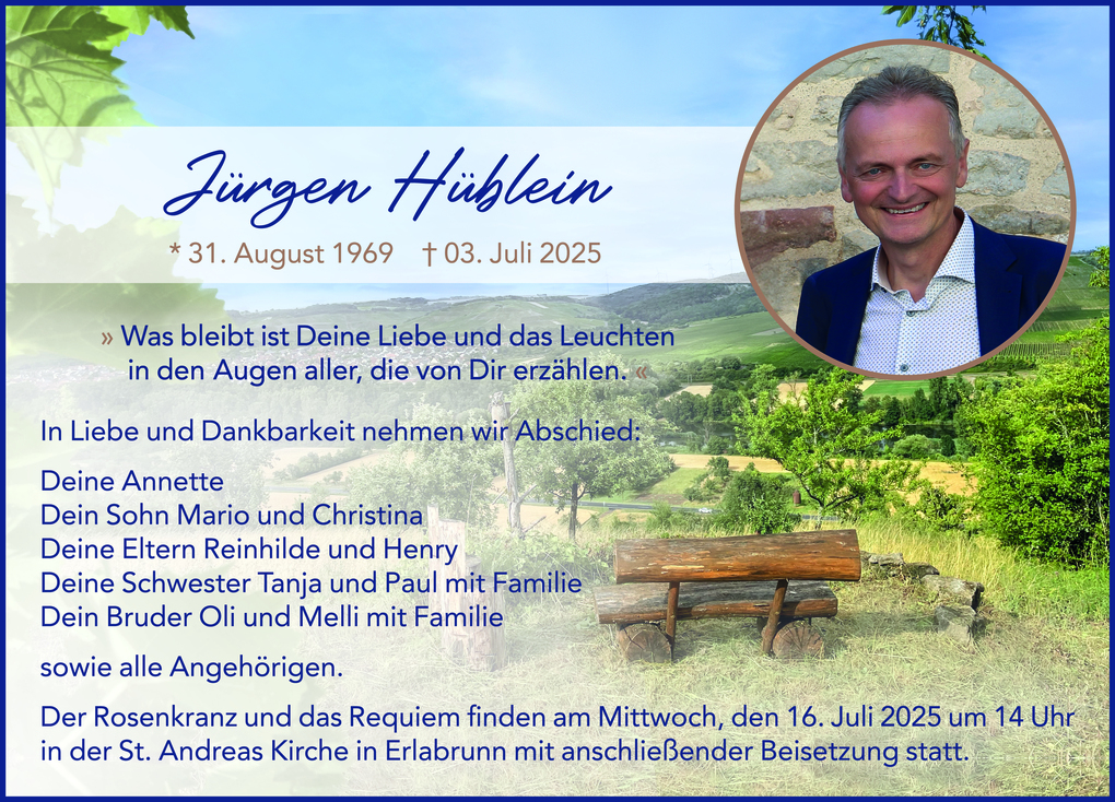 Kondolenzkarte mit Bild von J&uuml;rgen H&uuml;blein, Namen, Geburts- und Sterbedatum sowie Abschiedstext und Veranstaltungsdetails.