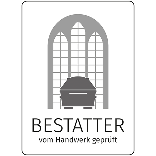 Logo eines Bestattungsdienstes mit Sarg vor großen Fenstern und der Aufschrift „BESTATTER vom Handwerk geprüft“.