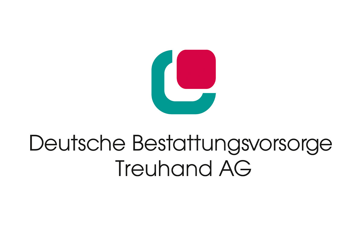 Logo der Deutschen Bestattungsvorsorge Treuhand AG mit stilisierten Formen in Türkis und Rot sowie Firmenname in Schwarz.
